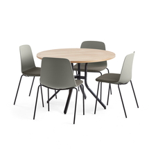 Sestava VARIOUS + LANGFORD, stůl Ø1100x740 mm, dub + 4 židle, šedá/hnědá