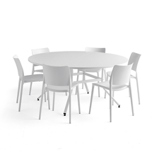 Nábytková sestava Various + Rio, 1 stůl a 6 bílých židlí