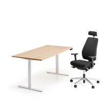 Sestava QBUS + WATFORD, výškově nastavitelný stůl, bílá/dub + kancelářská židle, černá
