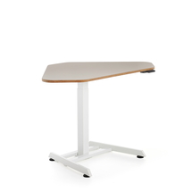 Výškově nastavitelný stůl NOVUS, rohový, 1200x750 mm, bílá podnož, jílově šedá