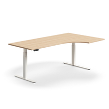 Výškově nastavitelný stůl QBUS, rohový, 2000x1200 mm, bílá podnož, dub