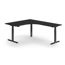 Výškově nastavitelný stůl QBUS, rohový, 1600x2000 mm, černá podnož, černá