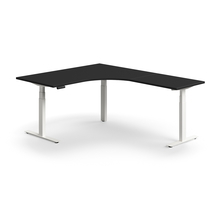 Výškově nastavitelný stůl QBUS, rohový, 1600x2000 mm, bílá podnož, černá