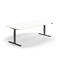 Jednací stůl QBUS, výškově nastavitelný, ve tvaru sudu, 2400x1200 mm, černá podnož, bílá