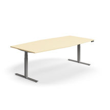 Jednací stůl QBUS, výškově nastavitelný, ve tvaru sudu, 2400x1200 mm, stříbrná podnož, bříza