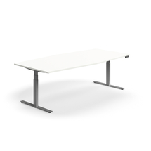 Jednací stůl QBUS, výškově nastavitelný, ve tvaru sudu, 2400x1200 mm, stříbrná podnož, bílá