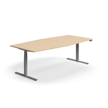 Jednací stůl QBUS, výškově nastavitelný, ve tvaru sudu, 2400x1200 mm, stříbrná podnož, dub