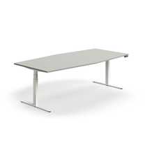 Jednací stůl QBUS, výškově nastavitelný, ve tvaru sudu, 2400x1200 mm, bílá podnož, světle šedá
