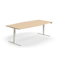 Jednací stůl QBUS, výškově nastavitelný, ve tvaru sudu, 2400x1200 mm, bílá podnož, dub