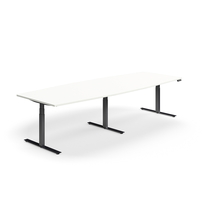 Jednací stůl QBUS, výškově nastavitelný, ve tvaru sudu, 3200x1200 mm, černá podnož, bílá