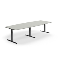 Jednací stůl QBUS, výškově nastavitelný, ve tvaru sudu, 3200x1200 mm, černá podnož, světle šedá