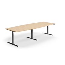 Jednací stůl QBUS, výškově nastavitelný, ve tvaru sudu, 3200x1200 mm, černá podnož, dub