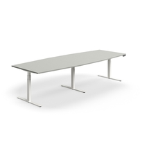 Jednací stůl QBUS, výškově nastavitelný, ve tvaru sudu, 3200x1200 mm, bílá podnož, světle šedá