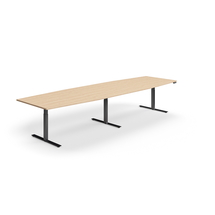 Jednací stůl QBUS, výškově nastavitelný, ve tvaru sudu, 4000x1200 mm, černá podnož, dub