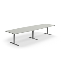 Jednací stůl QBUS, výškově nastavitelný, ve tvaru sudu, 4000x1200 mm, stříbrná podnož, světle šedá