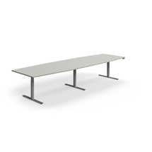 Jednací stůl QBUS, výškově nastavitelný, ve tvaru sudu, 4000x1200 mm, stříbrná podnož, světle šedá