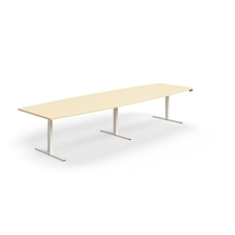 Jednací stůl QBUS, výškově nastavitelný, ve tvaru sudu, 4000x1200 mm, bílá podnož, bříza