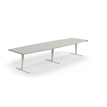 Jednací stůl QBUS, výškově nastavitelný, ve tvaru sudu, 4000x1200 mm, bílá podnož, světle šedá