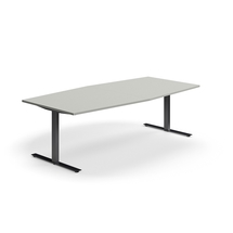 Jednací stůl QBUS, T-nohy, 2400x1200 mm, tvar člunu, černá podnož, světle šedá