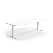 Jednací stůl QBUS, T-nohy, 2400x1200 mm, tvar člunu, bílá podnož, bílá