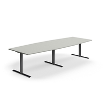 Jednací stůl QBUS, T-nohy, 3200x1200 mm, tvar člunu, černá podnož, světle šedá