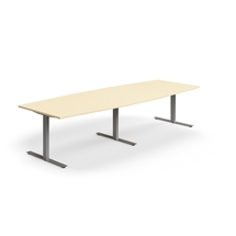 Jednací stůl QBUS, T-nohy, 3200x1200 mm, tvar člunu, stříbrná podnož, bříza