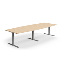 Jednací stůl QBUS, T-nohy, 3200x1200 mm, tvar člunu, stříbrná podnož, dub