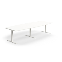Jednací stůl QBUS, T-nohy, 3200x1200 mm, tvar člunu, bílá podnož, bílá