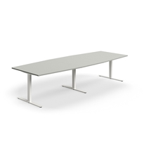 Jednací stůl QBUS, T-nohy, 3200x1200 mm, tvar člunu, bílá podnož, světle šedá