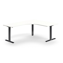 Rohový psací stůl QBUS, T-nohy, 1600x2000 mm, černá podnož, bílá