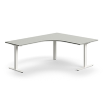 Rohový psací stůl QBUS, T-nohy, 1600x2000 mm, bílá podnož, světle šedá