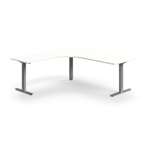 Rohový psací stůl QBUS, T-nohy, 2000x2000 mm, stříbrná podnož, bílá
