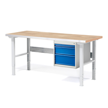 Dílenský stůl SOLID, 1500x800 mm, nosnost 750 kg, 3 zásuvky, dubový povrch