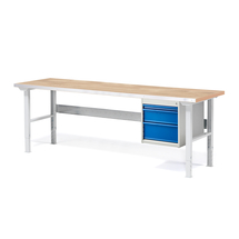 Dílenský stůl SOLID, 2000x800 mm, nosnost 750 kg, 3 zásuvky, dubový povrch
