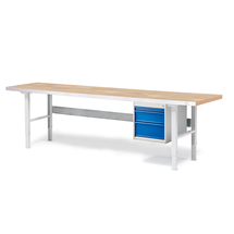 Dílenský stůl SOLID, 2500x800 mm, nosnost 750 kg, 3 zásuvky, dubový povrch