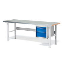 Dílenský stůl SOLID, 2000x800 mm, nosnost 750 kg, 3 zásuvky, ocelový povrch