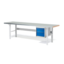 Dílenský stůl SOLID, 2500x800 mm, nosnost 750 kg, 3 zásuvky, ocelový povrch