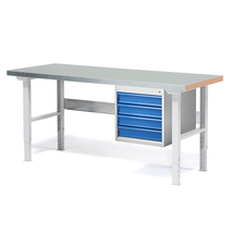 Dílenský stůl SOLID, 1500x800 mm, nosnost 750 kg, 4 zásuvky, ocelový povrch