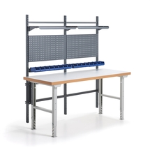 Dílenský stůl SOLID, s panelem na nářadí, boxy a policemi, 2000x800 mm, lamino