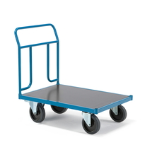 Plošinový vozík TRANSFER, 1 čelní trubkový rám, 1000x700 mm, 1000 kg, elastická gumová kola, s brzda