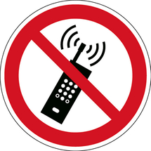 Zákaz používání mobilních telefonů - značka, PES, samolepicí, Ø 100 mm