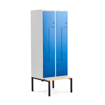 Šatní skříňka CLASSIC Z, s lavicí, 2 sekce, 4 dveře, 2120x800x550 mm, modré dveře