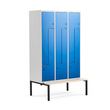 Šatní skříňka CLASSIC Z, s lavicí, 3 sekce, 6 dveří, 2120x1200x550 mm, modré dveře