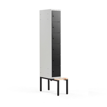 Boxová šatní skříň CLASSIC, s lavicí, 1 sekce, 6 boxů, 2120x300x550 mm, černé dveře