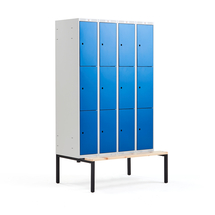 Boxová šatní skříň CLASSIC, s lavicí, 4 sekce, 12 boxů, 2120x1200x550 mm, modré dveře