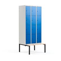 Boxová šatní skříň CLASSIC, s lavicí, 3 sekce, 12 boxů, 2120x900x550 mm, modré dveře