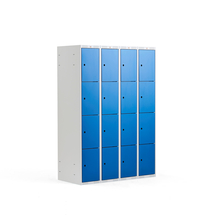 Boxová šatní skříň CLASSIC, 4 sekce, 16 boxů, 1740x1200x550 mm, šedá, modré dveře