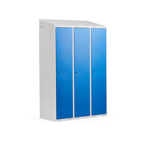 Šatní skříňka CLASSIC, šikmá střecha, 3 sekce, 1900x1200x550 mm, šedá, modré dveře